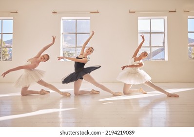 Ballet, Training And Dance Studio With Women Learning With Teacher A Creative Art Performance. Beautiful, Artistic And Elegant Fitness Student Ballerina, Dancing To Practice For Theater Show