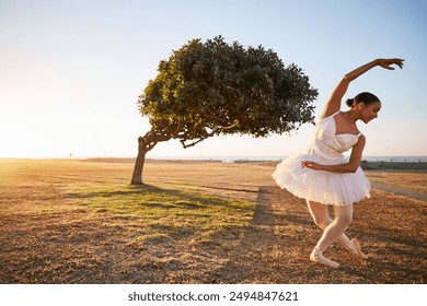 Ballet, tree and woman in nature for dance, creative and freedom with energy, park and balance. Ballerina, garden and fitness outdoor by field for aesthetic, performance and exercise as artist - Powered by Shutterstock