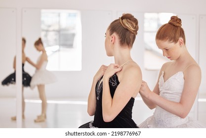 Ballet Woman With Help From Girl With Clothes Before Training, Exercise Or Abstract Dance Routine. Ballerina Student In Studio For Show With Team Or Partner Support At Performance Art Academy School