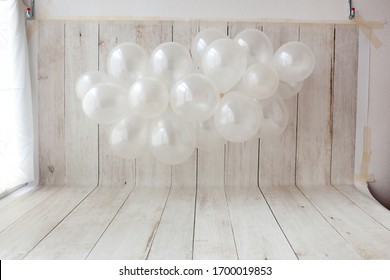 Balloon Garland On Wooden Background. Birthday Party Photo Zone.