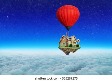 Balloon with house flies above the clouds. Concept