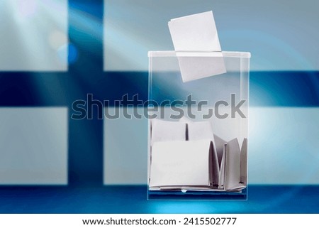 A ballot box with ballots on Election Day, flag Finland.