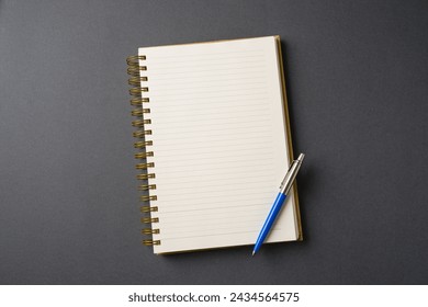 Ballpoint pen made of blue plastic and metal standing on lined notebook