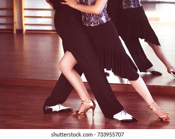 Ballroom Dance Couple Of Dancers And Teachers In Studio School Dancing In Rehearsal.