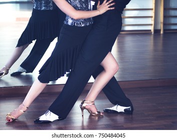 Ballroom Dance Couple Of Dancers And Teachers In Studio School Dancing In Rehearsal.