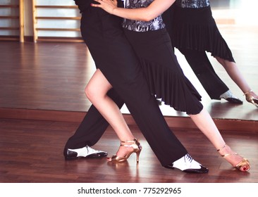 Ballroom Dance Couple Of Dancers And Teachers In Studio School Dancing In Rehearsal.