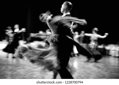 ballroom dance couple dancers waltz blurred motion black-and-white