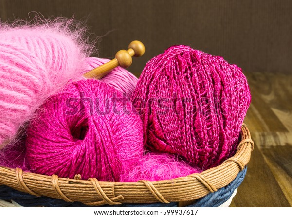 Balls Pink Knitting Wool Wooden Basket Stock Photo Edit Now