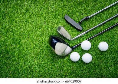 balls, putter, iron wage and golf-club driver, golf gear and equipment on flat lay top view, copy space on Left side.