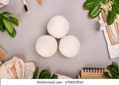 Balls for washing from wool of sheep. Ecological products for the home and reasonable consumption. Sustainable lifestyle. Plastic free concept. Zero waste concept.