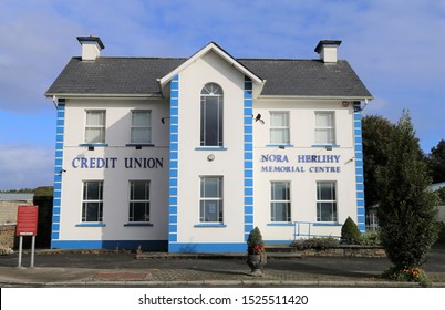 Ballydesmond, County Cork, Ireland.  Septemebr 9, 2019.  The bright white Credit Union Building and Memorial Centre named for Nora Herlihy, the founding member.
