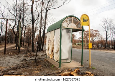 Balmoral, Australia - 2020-01-25 Australian Bushfire Aftermath: Bus Stop Partly Melted Due To Extremly Heat Of Severe Bushfire At Balmoral Village, NSW