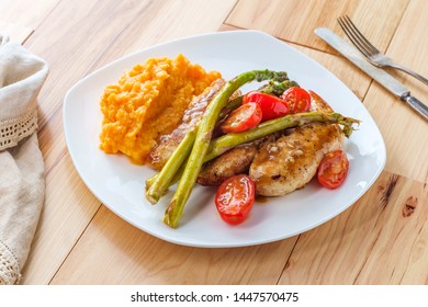 Balsamic Glazed Grilled Chicken With Grape Tomatoes Asparagus And Mashed Sweet Potatoes