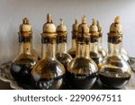 balsamic vinegar of modena aging in barrels for 20 years cruets in restaurants modena
