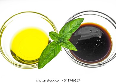 Balsamic Vinegar, Olive Oil In A Bowl, 
Basil