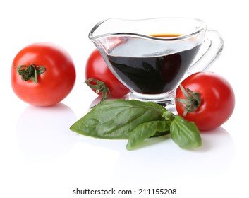 Balsamic Vinegar,  Tomato And Basil Isolated On White