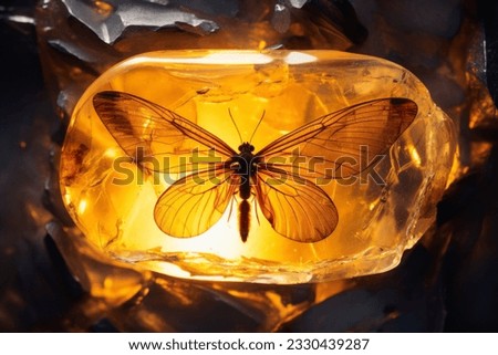 Baltic amber with trapped insect. Animal preserved in piece of amber. Macro photography of gemstone. Fossilized tree resin. Natural beauty