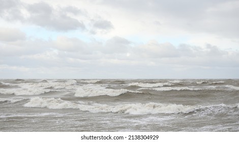 Baltic Sea After The Storm. Sunset. Picturesque Panoramic Scenery, Seascape. Nature, Environment, Rough Weather, Climate Change