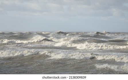 Baltic Sea After The Storm. Sunset. Picturesque Panoramic Scenery, Seascape. Nature, Environment, Rough Weather, Climate Change