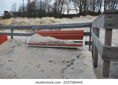 Baltic Sea, beach, walking path, sand, storm damage, coastal erosion, coast, sand covered bench, nature, ocean view, winter storm, beach path, outdoors, serene, landscape, sea, sand dunes, weathered,  - Powered by Shutterstock