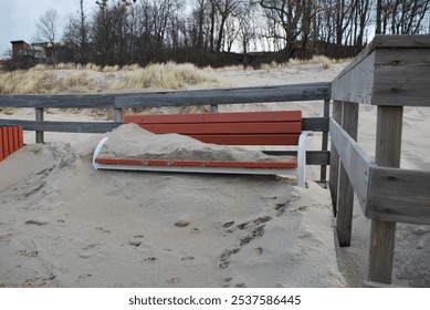 Baltic Sea, beach, walking path, sand, storm damage, coastal erosion, coast, sand covered bench, nature, ocean view, winter storm, beach path, outdoors, serene, landscape, sea, sand dunes, weathered,  - Powered by Shutterstock