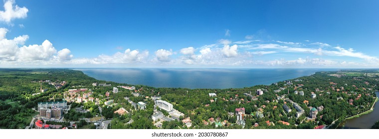 Baltic Sea Coastline With Svetlogorsk Town. Aerial Panorama View From Drone