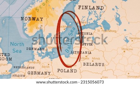 Baltic Sea marked with Red Circle on Realistic Map.