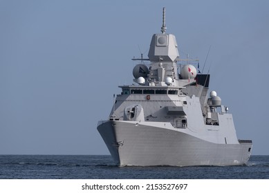 BALTIC SEA - POLAND - 2022: A modern Dutch frigate sails on the sea