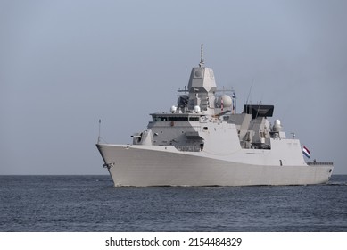 BALTIC SEA - POLAND - 2022: A modern Dutch frigate sails on the sea