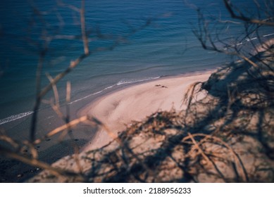 Baltic sea shores in a misty fog. Natural textures. Picturesque panoramic scenery, seascape. Nature environment during spring