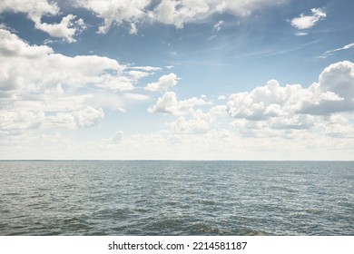 Baltic Sea Under Dramatic Clouds After Thunderstorm. Blue Sky. Panoramic Aerial View From The Coast. Seascape. Cyclone, Gale, Storm, Rough Weather, Meteorology, Climate Change, Natural Phenomenon