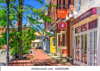 BALTIMORE, MARYLAND - JUNE 14, 2016: Shops at Fell's point. The historic waterfront neighborhood was established in 1763 along the north shore of the Baltimore Harbor.