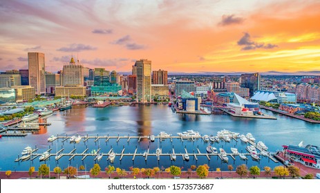Baltimore Maryland MD Inner Harbor Skyline Aerial.