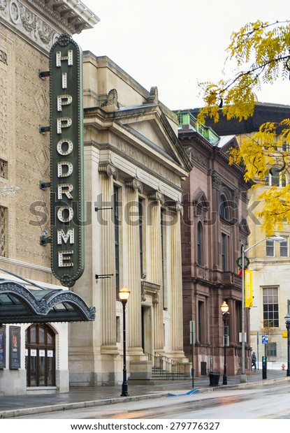BALTIMORE, MARYLAND - NOVEMBER 2014: The Hippodrome\
Theatre pictured on November 17, 2014.  The Hippodrome was the\
foremost vaudeville house in Baltimore, as well as a movie theater.\

