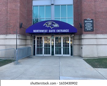 Baltimore, Maryland / US - January 29, 2020: NFL Ravens Team Home Field M&T Bank Stadium Northwest Luxury Box Secure Suite Entrance Glass French Doors Purple Awning With Bird Head Logo PSL Holders