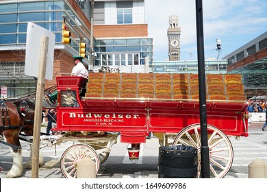 Baltimore, Maryland, USA - April 4 2019: Budweiser Clydesdales parks during Orioles baseball game at Oriole park, Camden yards.