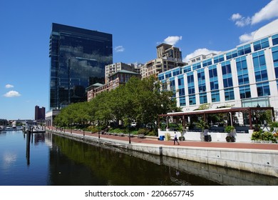 Baltimore, Maryland, USA - August 18, 2022: View Of The Harbor Mews Waterfront Park