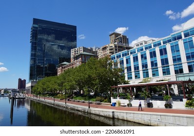 Baltimore, Maryland, USA - August 18, 2022: View Of The Harbor Mews Waterfront Park