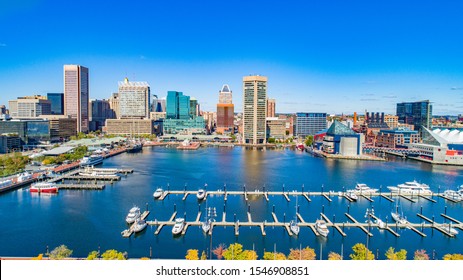 Baltimore, Maryland, USA Inner Harbor Drone Skyline Aerial.