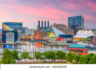 Baltimore, Maryland, USA Skyline over the Inner Harbor at dusk.