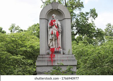 Baltimore, Maryland/USA- June 28, 2020: A statue of George Washington in Druid Hill Park, Baltimore was defaced with red paint over the Black Lives Matters protest. 
