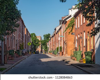 Baltimore, Maryland/USA - May 24, 2018: Brick Row Houses In Federal Hill Neighborhood