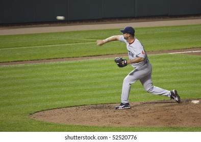 BALTIMORE - MAY 1: Tim Wakefield Of The Boston Red Sox Throws His First Pitch As A Reliever In 2010 During A Game At Camden Yards On May 1, 2010 In Baltimore, Maryland