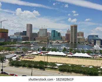 BALTIMORE, MD - JUNE 24, 2017: An aerial view of downtown Baltimore and the Inner Harbor from the Federal Hill Park. Baltimore is the most populous city in Maryland. 