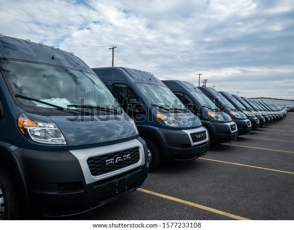 Baltimore, MD / US -\
Nov 25, 2019\
Amazon Prime cargo vans parked on Amport parking lot\
at Baltimore port\
area.
