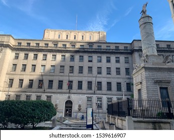 Baltimore, MD / US - October 19, 2019 - United States Federal Courthouse And Post Office Building Main Secure Entrance On Calvert St Downtown Baltimore, Maryland