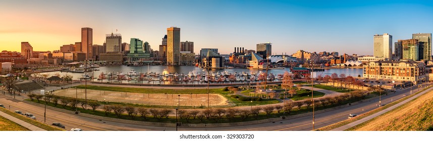 Baltimore Skyline Panorama At Sunset, As Viewed From Federal Hill