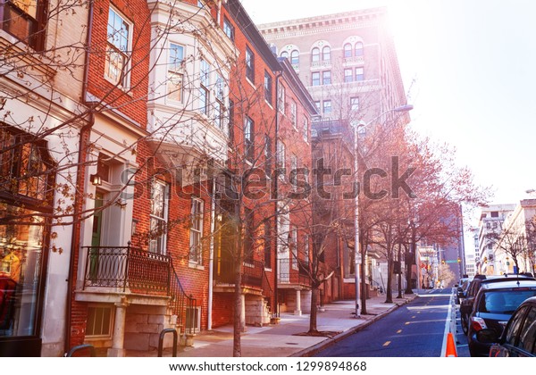 Baltimore streets with\
red brick houses, USA