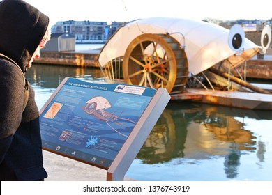 Baltimore, United States of America- March, 5, 2019: The inner harbor water wheel.