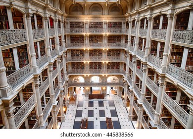 BALTIMORE, USA - JUNE 23, 2016 Bookshelf inside Peabody Library a research library for John Hopkins University